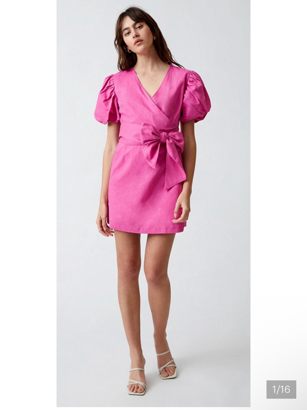 Charlie Holiday Bright Pink Puff-Sleeve Wrap Mini Dress